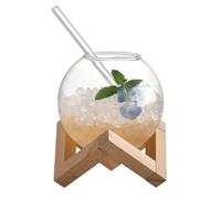 Tasse à cocktail sphérique avec support en bois et paille - Tasse transparente en forme de boule de verre pour café, jus de fruits
