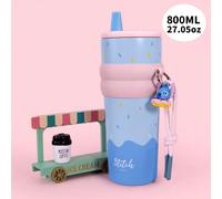 Tasse à double paille Disney Stitch Food Party Donut 800 ml / 27 oz, motif de dessin animé charmant avec thème de fête de nourriture, matériau durable et résistant aux chocs, idéal pour la maison, le