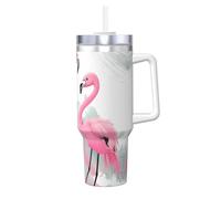 Tasse à double paroi en acier inoxydable imprimé flamant rose avec poignée couvercle et paille Convient pour l'eau et le café 1 200 ml