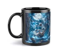 Tasse à eau en céramique noire avec anse, motif bateau pirate, lune et océan, pour boire du thé et du café