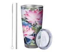 Tasse à fleurs avec couvercle et paille - Lac Pretty Nature - Paysage botanique floral - Feuilles esthétiques - Rose - Vert - Métal inoxydable - Isolation chaude et froide - Pour bureau, extérieur
