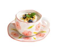 Tasse à fleurs mignonne peinte à la main, tasse à café en céramique avec ensemble de soucoupe, ensembles de tasses et de soucoupes irrégulières | Tasse à café à motif floral, corps de tasse large