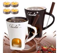 Tasse à fondue au chocolat - Tasse en céramique fabriquée à la main avec fourchettes - Tasse à chocolat chaud avec 2 bougies chauffe-plat, chauffe-beurre (blanc, marron)