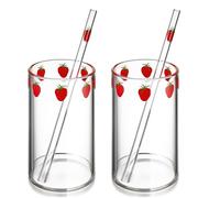 Tasse à Lait en Verre 300ml, Lot de 2 Sets de Paille, Imprimé Fraise | Finition Soignée, Usage Intérieur, Verre Transparent, Surface Lisse et Facile à Nettoyer, Pratique Plusieurs styles