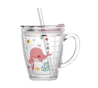 Tasse à lait en verre pour enfants avec paille en silicone et couvercle - Tasse à mesurer avec échelle - Joli gobelet en verre transparent avec poignée - Pour lait, jus, eau, thé
