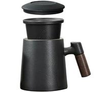 Tasse à Thé avec Couvercle et Passoire, Tasses à thé en Porcelaine Grande 400ml avec Infuseur et Poignée en Bois, Cup Céramique émaillée Mate Jumbo pour Cadeaux Thé ou Infuser Café,sans Plastique Noir