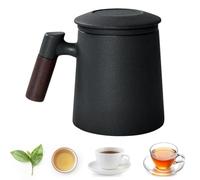 Tasse à Thé avec Filtre et Couvercle, 400 ml, Tasse à Thé en Céramique avec Poignée en Bois Anti-Brûlure, Grande Tasse A The avec Infuseur pour Café Ou Feuilles de Thé, pour Maison Ou Bureau (noir)