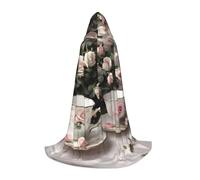 Tasse à thé avec roses - Imprimé shabby romantique - Cape à capuche pleine longueur pour homme et femme - Pour carnaval