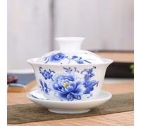Tasse à thé chinoise en porcelaine Gaiwan, Service à thé Kung Fu Gaiwan en porcelaine blanche, bol à couvercle Sancai bleu et blanc, 150 ml(A)