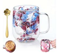 Tasse à thé double en verre de 430,9 g, motif fleurs séchées, tasse à café isotherme à double paroi avec poignée, tasse à thé, latte, café, cadeau de Saint-Valentin
