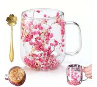 Tasse à thé double en verre de 430,9 g, motif fleurs séchées, tasse à café isotherme à double paroi avec poignée, tasse à thé, latte, café, cadeau de Saint-Valentin