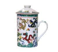 Tasse à Thé en Céramique Avec Couvercle et Passoire - Motif Chinois Dragon - Set Cadeau en Porcelaine pour Amateurs de Thé - Emballage Cadeau Inclus