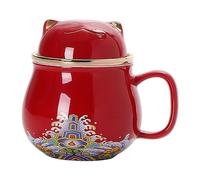 Tasse à thé en céramique Maneki-neko de 300 ml, grande capacité, mignon, portable, séparation du thé, tasse à eau créative avec couvercle - rouge - 301-400 ml