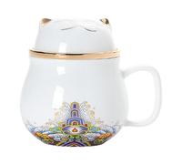 Tasse à thé en céramique Maneki-neko de 300 ml, grande capacité, mignon, portable, séparation du thé, tasse à eau créative avec couvercle - Blanc - 301-400 ml