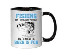 Tasse à thé en céramique noire avec inscription « Fishing Can't Solve All My Problems That's What Beer Is For »