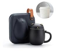 Tasse à thé en Porcelaine Faite à la Main avec infuseur et couvercle, Chat Mignon Kawaii pour Infuser des Feuilles en vrac à la Maison Bureau, Étui Portable Incassable de 350 ml Disponible (Noir)