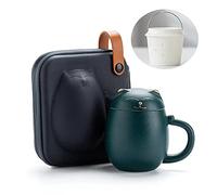 Tasse à thé en Porcelaine Faite à la Main avec infuseur et couvercle, Chat Mignon Kawaii pour Infuser des Feuilles en vrac à la Maison Bureau, Étui Portable Incassable de 350 ml Disponible (Vert)