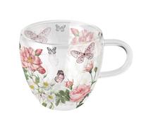 Tasse à thé en verre double paroi papillons et fleurs Roses