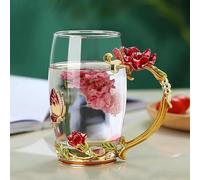 Tasse à thé en verre rose - Tasse à thé en verre transparent - Tasse à café - Tasse de voyage avec poignée en forme de fleur et belle cuillère - Cadeau idéal (rouge)
