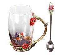 Tasse à thé en verre - Tasse à eau en verre émaillé - Gobelet avec motif floral et cuillère pour femme - Élégante tasse à thé en verre rose - Ensemble de cuillères à thé pour grand-mère, maman, épouse