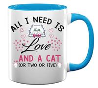 Tasse à thé et café en céramique All I Need is Love and A Cat Or Two Or Five Bleu clair
