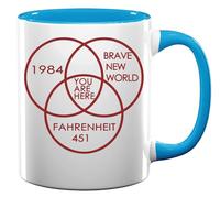 Tasse à thé et café en céramique « You are Here in The Middle of 1984 Brave New World Fahrenheit 451 » - Bleu clair