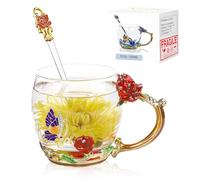 Tasse à thé fantaisie en verre avec cuillère, coffret cadeau pour sa maman, épouse, grand-mère, fille, amie, Saint-Valentin, Noël, anniversaire, jus de fruits, boissons chaudes/froides (rose rouge)