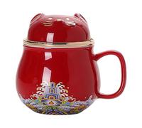 Tasse à thé Maneki-neko en céramique de 300 ml, grande capacité, mignonne, portable, séparation du thé, tasse à eau créative avec couvercle - Golden Mouse Zhaocai rouge - 301-400 ml