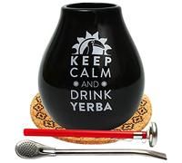 Tasse à thé noire 350 ml | Tasse à thé en céramique Luka | Paille en acier Bombilla Liza 19 cm | Thermomètre à thé analogique dans un étui « stylo » de 15 cm de long, tampon en liège