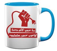 Tasse à thé ou café en céramique avec inscription « Turn Off Your TV Reclaim Your World Revolution Fist » Bleu clair