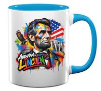 Tasse à thé ou café en céramique Motif portrait coloré d'Abraham Lincoln Bleu clair