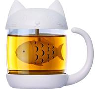 Tasse à thé pour chats T250, en forme de poisson passoire à thé, couvercle, verre / plastique, 250ml