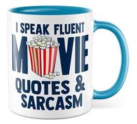 Tasse amusante avec inscription « I speak fluent Movie Quotes & Sarcasm » - Tasse à café 330 ml en céramique - Citations de film d'humour, sarcasme, cinéma hollywoodien, tasse à café