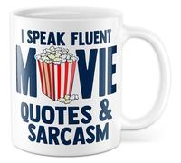 Tasse amusante avec inscription « I speak fluent Movie Quotes & Sarcasm » - Tasse à café 330 ml en céramique - Citations de film d'humour, sarcasme, cinéma hollywoodien, tasse à café
