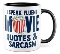 Tasse amusante avec inscription « I speak fluent Movie Quotes & Sarcasm » - Tasse à café 330 ml en céramique - Citations de film d'humour, sarcasme, cinéma hollywoodien, tasse à café