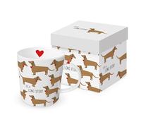 Tasse animaux longue histoire avec teckel en porcelaine dans un coffret cadeau assorti. Tasse à motif pour la table dressée et comme cadeau, 0,4 x 9,7 cm