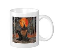 Tasse avec impression de sorcière - Aquarelle - Chapeau de sorcière magique - Arbre à chat - Chauve-souris botanique - Rouge soleil orange noir - Céramique légère - Collection salon laboratoire