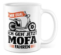 Tasse avec inscription en allemand « Geschenk Mir egal ich geh jetzt Mofa fahren » - Tasse à café en céramique 330 ml - Idée cadeau pour les amateurs de mophalie - Tasse à café à deux temps