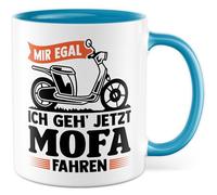 Tasse avec inscription en allemand « Geschenk Mir egal ich geh jetzt Mofa fahren » - Tasse à café en céramique 330 ml - Idée cadeau pour les amateurs de mophalie - Tasse à café à deux temps