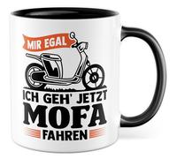 Tasse avec inscription en allemand « Geschenk Mir egal ich geh jetzt Mofa fahren » - Tasse à café en céramique 330 ml - Idée cadeau pour les amateurs de mophalie - Tasse à café à deux temps