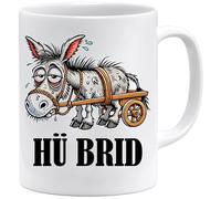 Tasse avec inscription en allemand « HÜ BRID » - Tasse amusante avec motif d'âne et inscription en allemand - Cadeau amusant pour les femmes et les hommes pour un anniversaire ou un départ (blanc)