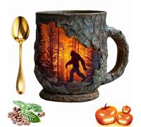 Tasse Bigfoot Forest Fire, tasse à café vintage 3D Sasquatch, design avec relief 3D, tasse ergonomique de 200 ml pour feu de camp, cadeau pour les amateurs de cryptides With spoon