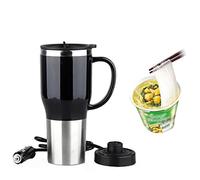 Tasse Bouilloire électrique de voiture - Mengshen Car Electric Mug Stainless steel Portable Cigarette Lighter Outdoor Students Hot Water Coffee Cup Double Layer 12 Volt 450ML 50W, CA107 Black