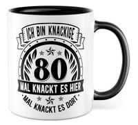 Tasse cadeau d'anniversaire « Ich bin knackige 80 » - mal knackt es hier - mal knackt es là, tasse à café 80 ans - anniversaire rond année de construction 1945 - Idée cadeau pour ami - Inscription
