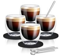 Tasse Café Double Paroi - AMOUNE - 80 ml - Verre Borosilicaté - 4 Cuillères - 4 Dessous de Verre en Feutre
