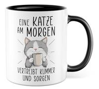 Tasse chat avec inscription en allemand - Cadeau Un chat le matin chasse le chagrin et les soucis - Tasse à café 330 ml en céramique - Chats amoureux des animaux de compagnie Collège Petite amie Tasse