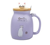 TASSE CHAT KAWAII - MAUVE - Contenance : 450 ml - Avec Couvercle et Cuillère