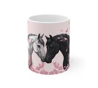 Tasse Chevaux Amoureux Mug Cheval Noir et Blanc sous Fleurs Roses Cadeau Fan Équitation, Nature et Romance
