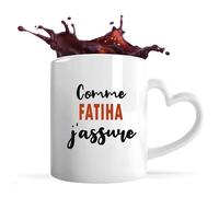 Tasse Coeur Comme Fatiha J'assure - Mug avec une anse coeur - Idée Tasse Coeur Personnalisable Cadeau Anniversaire Fête Original Famille Travail Départ Collègue Retraite Noël.