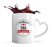 Tasse Coeur de la Meilleure Ema du monde 1- Mug avec une anse coeur - Idée Tasse Coeur Personnalisable Cadeau Anniversaire Fête Original Famille Travail Départ Collègue Retraite Noël.